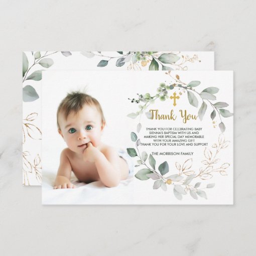 Greenery foliage Baptism Photo Flat Thank You Card | Zazzle