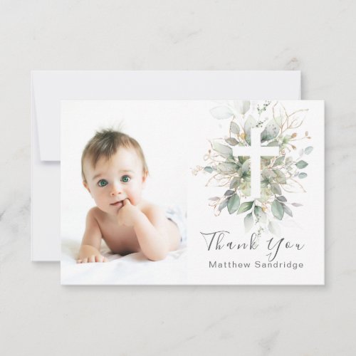 Greenery foliage Baptism Photo Flat Thank You Card