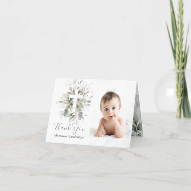 Greenery foliage Baptism Photo Thank You Card (Front)
