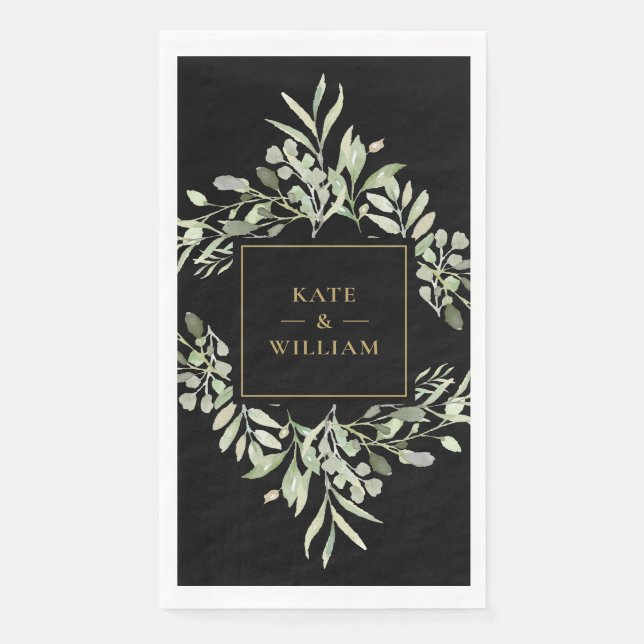 Greenery Foliage Black And Gold Wedding Paper  Paper Guest Towels (Front)