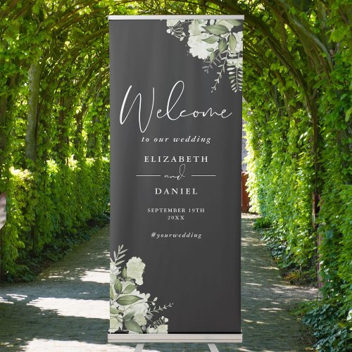 Greenery Foliage Black And White Wedding Welcome Retractable Banner