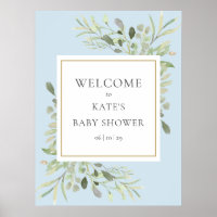 Greenery Foliage Blue Baby Boy Shower Welcome Sign