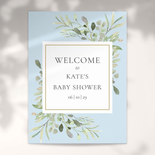 Greenery Foliage Blue Baby Boy Shower Welcome Sign