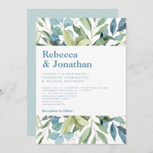 Greenery Foliage Blue Elegant Wedding Invitation