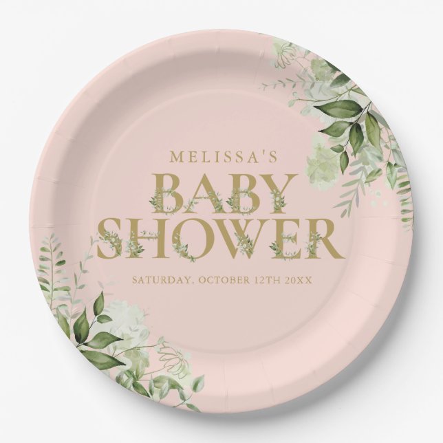 Greenery Foliage Blush Pink Gold Baby Shower Paper Plates (Front)