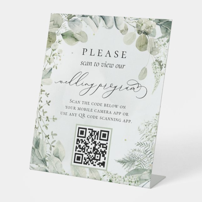 Greenery Foliage Botanical QR code Wedding Program Pedestal Sign (Front)