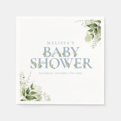 Greenery Foliage Boy Dusty Blue Baby Shower Napkins