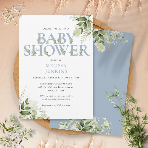 Greenery Foliage Boy Dusty Blue Letter Baby Shower Invitation
