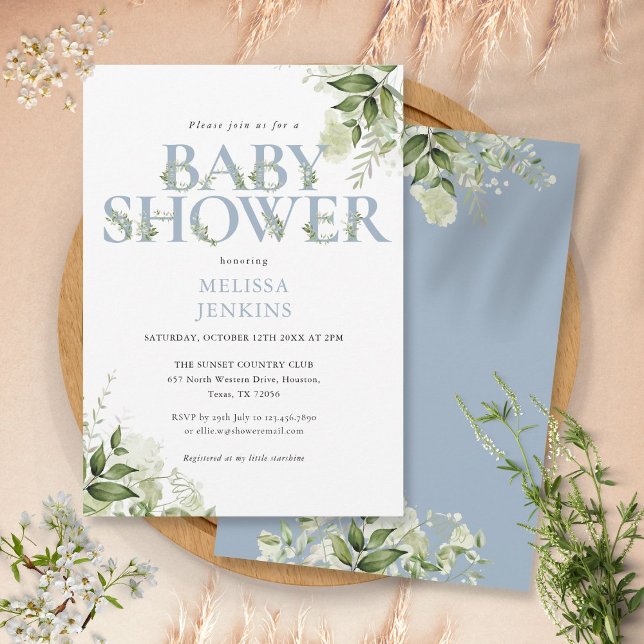 Greenery Foliage Boy Dusty Blue Letter Baby Shower Invitation (Creator Uploaded)