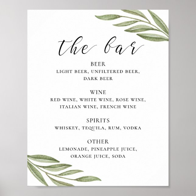 Greenery foliage calligraphy wedding drinks bar poster (Front)