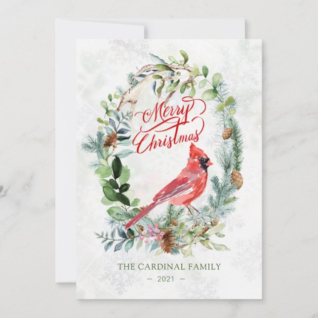 Greenery Foliage, Cardinal Bird Christmas Invitation (Front)