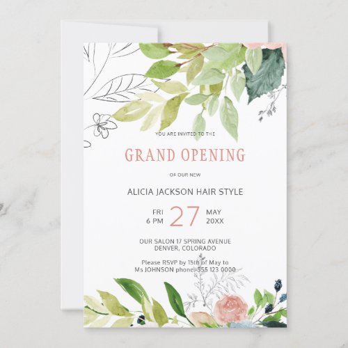Greenery foliage chic beauty salon grand opening invitation
