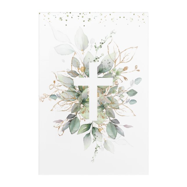 Greenery Foliage Cross Baby Baptism  Acrylic Print (Front)