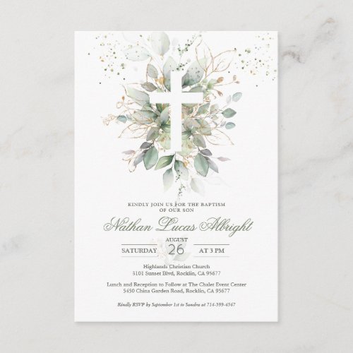 Greenery Foliage Cross Baby Baptism Enclosure Card