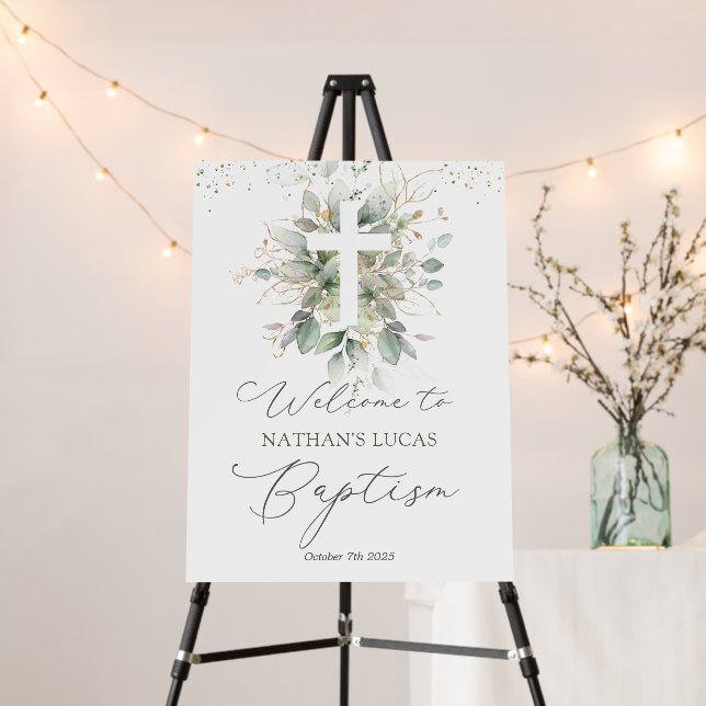 Greenery Foliage Cross Baby Baptism Foam Board (In Situ (Stand))