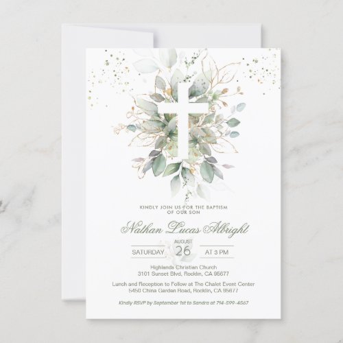 Greenery Foliage Cross Baby Baptism Invitation