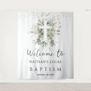Greenery Foliage Cross Baby Baptism Tapestry