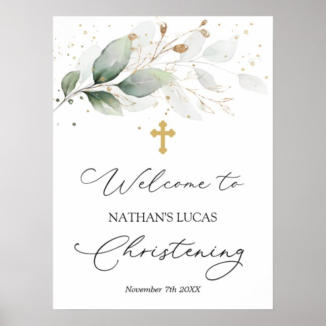 Greenery Foliage Cross Baby Christening Poster (Front)