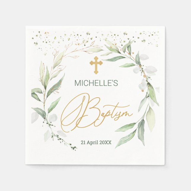 Greenery Foliage Cross Baptism  Napkins (Front)