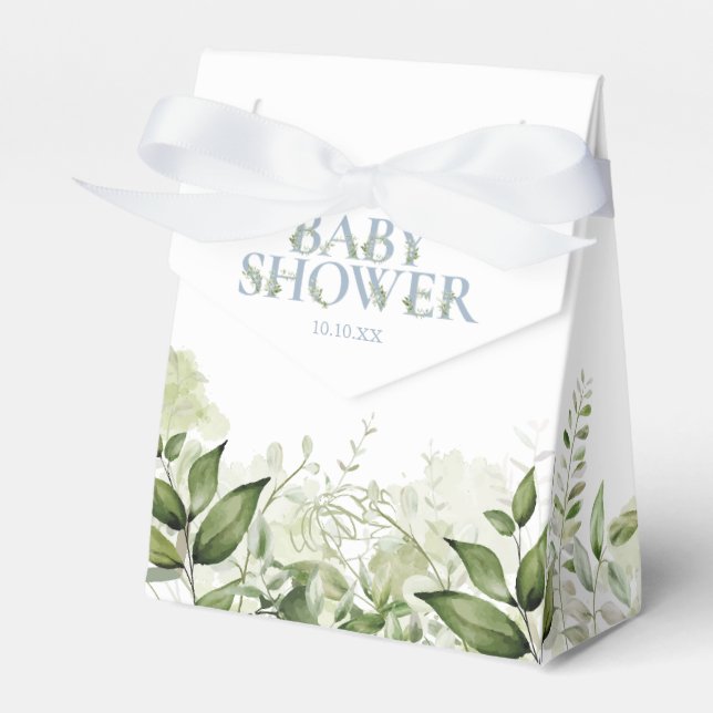 Greenery Foliage Dusty Blue Baby Shower Favor Box (Front Side)
