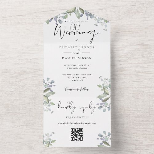 Greenery Foliage Elegant Script QR Code Wedding All In One Invitation