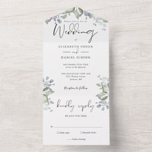 Greenery Foliage Elegant Script Wedding All In One Invitation