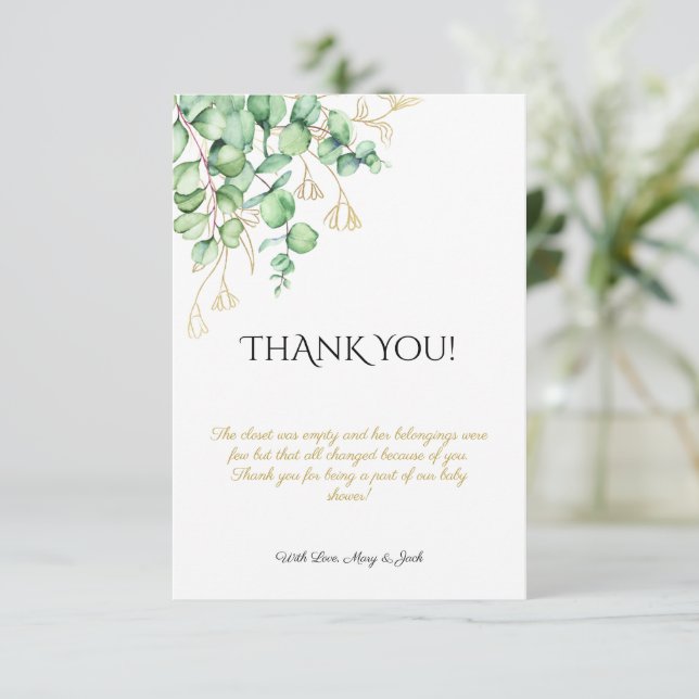 Greenery foliage eucalyptus baby shower Thank You Card (Standing Front)