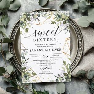 Greenery foliage eucalyptus gold sweet sixteen invitation