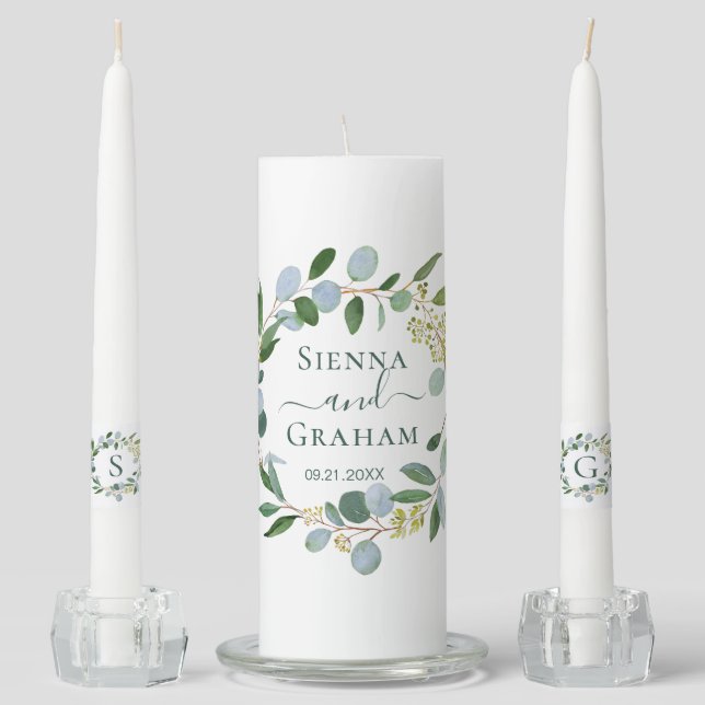 Greenery Foliage, Eucalyptus Wedding Pillar Candle (Front)
