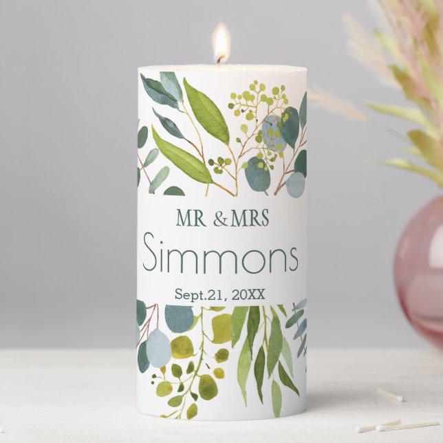 Greenery Foliage, Eucalyptus Wedding Pillar Candle (In Situ)