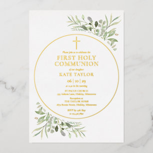 Greenery Foliage First Holy Communion Gold Foil Invitation