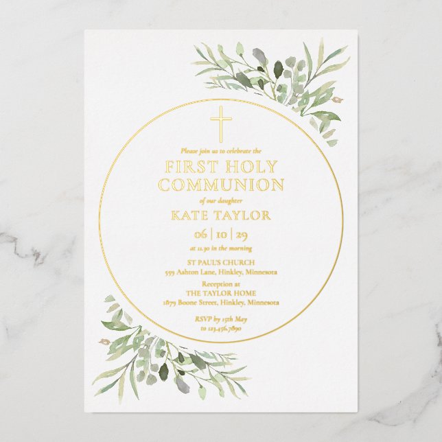 Greenery Foliage First Holy Communion Gold Foil Invitation (Front)