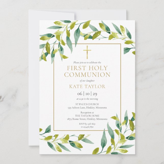Greenery Foliage First Holy Communion Invitation (Front)