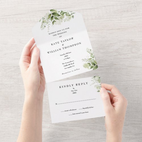 Greenery Foliage Floral Monogram Wedding All In One Invitation