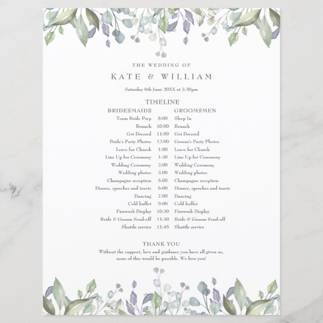 Greenery Foliage Floral Wedding Schedule Timeline (Front)