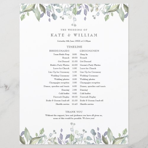 Greenery Foliage Floral Wedding Schedule Timeline