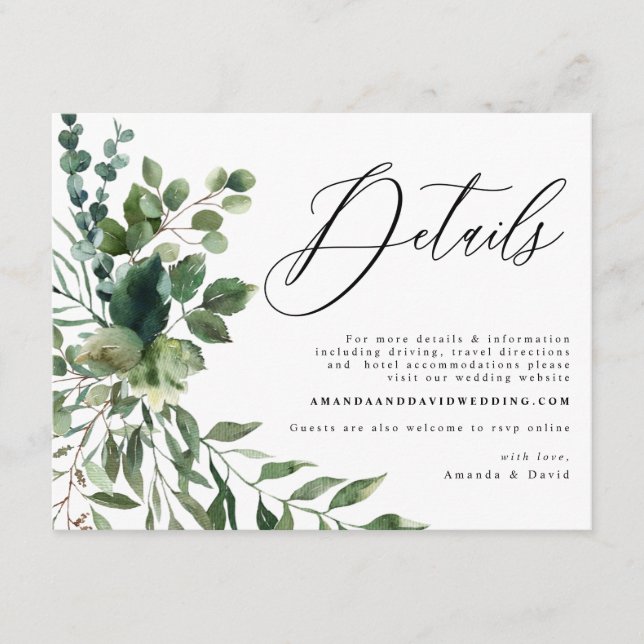 Greenery Foliage Garden Boho Wedding Details Card (Front)