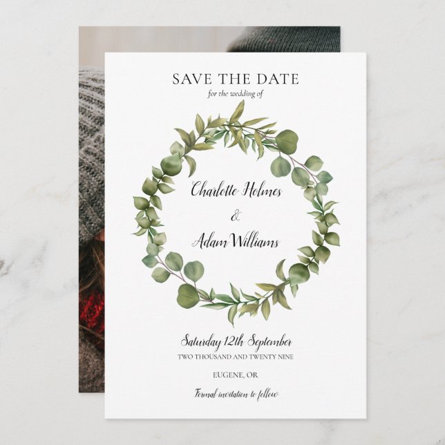 Greenery Foliage Garland Photo Wedding Save The Date (Front/Back)