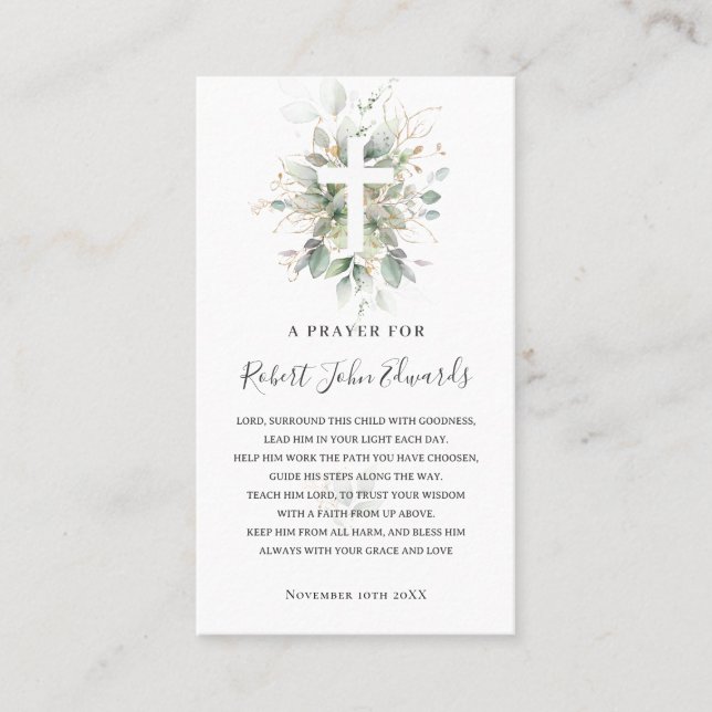 Greenery Foliage Gender Neutral Baptism Prayer Calling Card (Front)