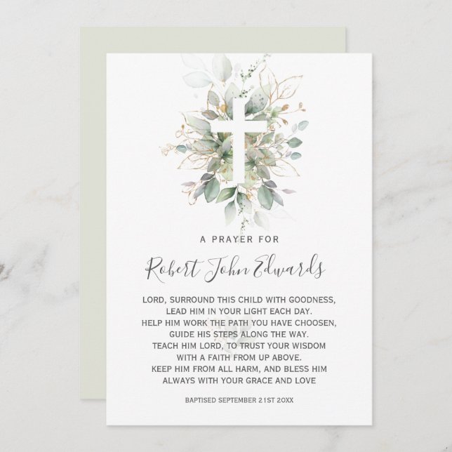 Greenery Foliage Gender Neutral Baptism Prayer Invitation (Front/Back)