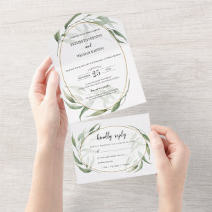 Greenery Foliage Geometric Frame Wedding with RSVP All In One Invitation