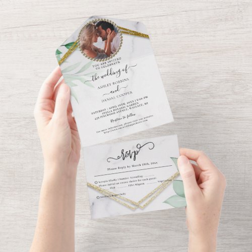 Greenery Foliage Glitter Gold Wedding All In One Invitation