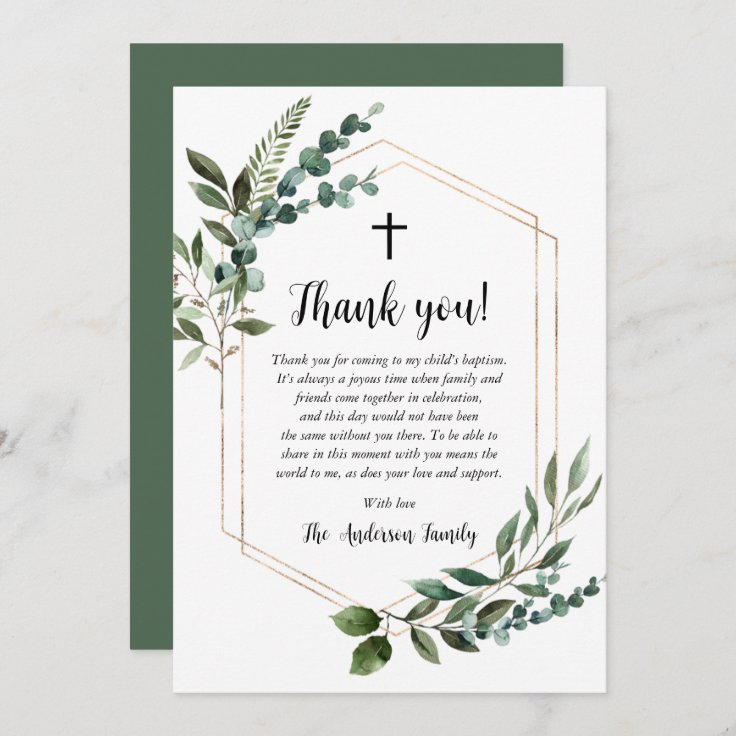 Greenery Foliage Gold Cross Baptism Thank You Card | Zazzle