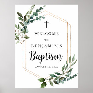 Greenery Foliage Gold Cross Baptism Welcome Poster