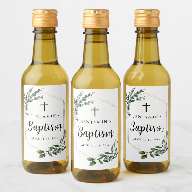 Greenery Foliage Gold Cross Baptism Wine Label (Bottles)