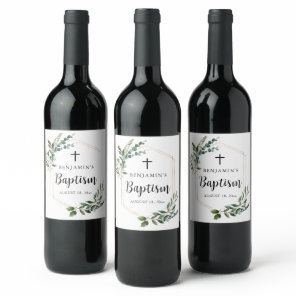 Greenery Foliage Gold Cross Baptism Wine Label