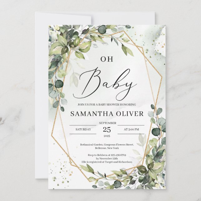 Greenery foliage gold geometric frame oh baby invitation (Front)