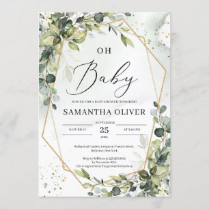 Greenery foliage gold geometric frame oh baby invitation