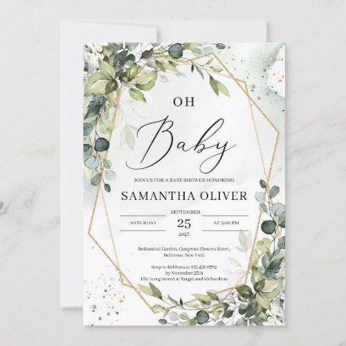 Greenery foliage gold geometric frame oh baby invitation