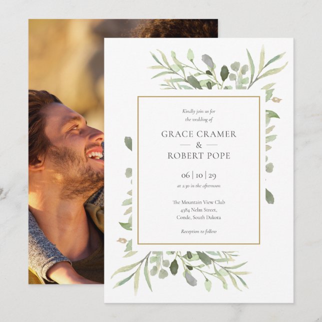 Greenery Foliage Gold Geometric Photo Wedding Invitation (Front/Back)